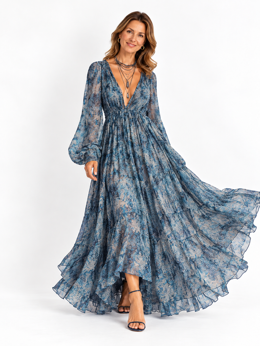 Abito maxi in chiffon con stampa floreale blu in stile bohemien per donna con scollo a V e maniche a lanterna