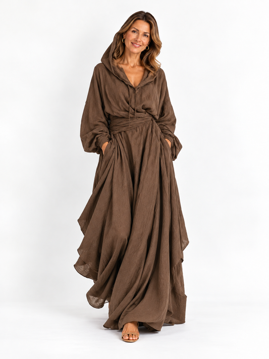 Abito maxi loose in lino cotone sintetico marrone