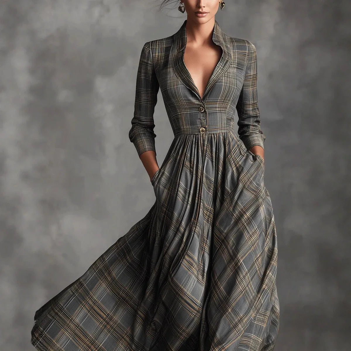 Abito lungo svasato a quadri, scollo a V