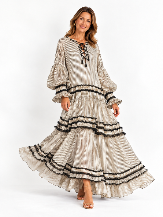 Abito maxi lungo a volant a righe bohemien per donna