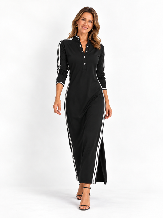 Abito Maxi Donna in Felpa con Colletto Button-Down e Dettagli Bianchi