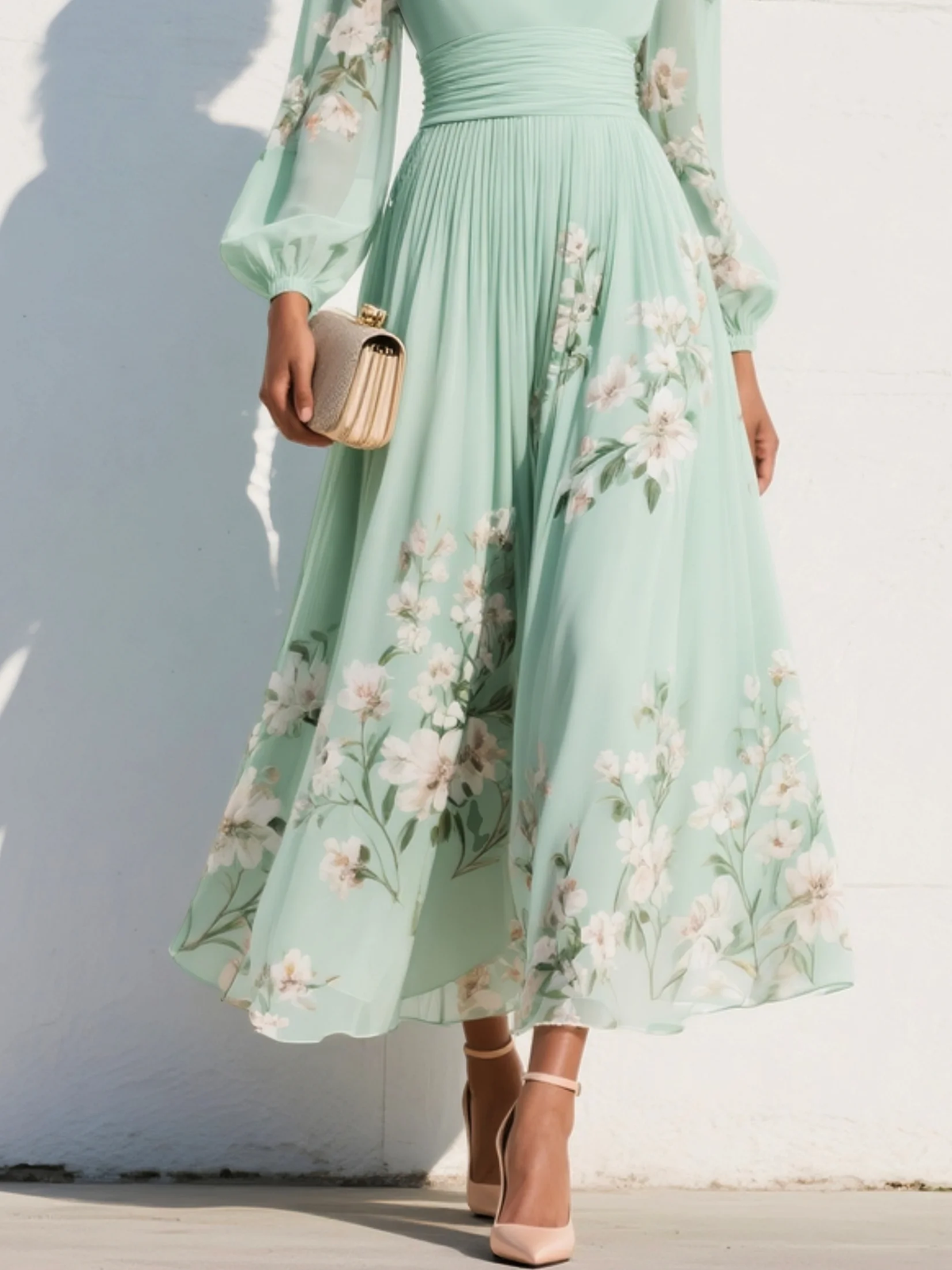 Abito maxi in chiffon floreale plissé