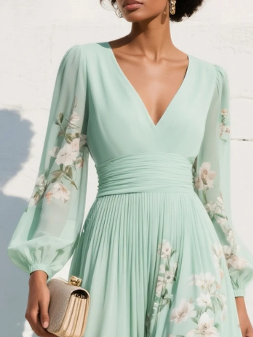 Abito maxi in chiffon floreale plissé