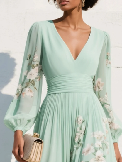 Abito maxi in chiffon floreale plissé