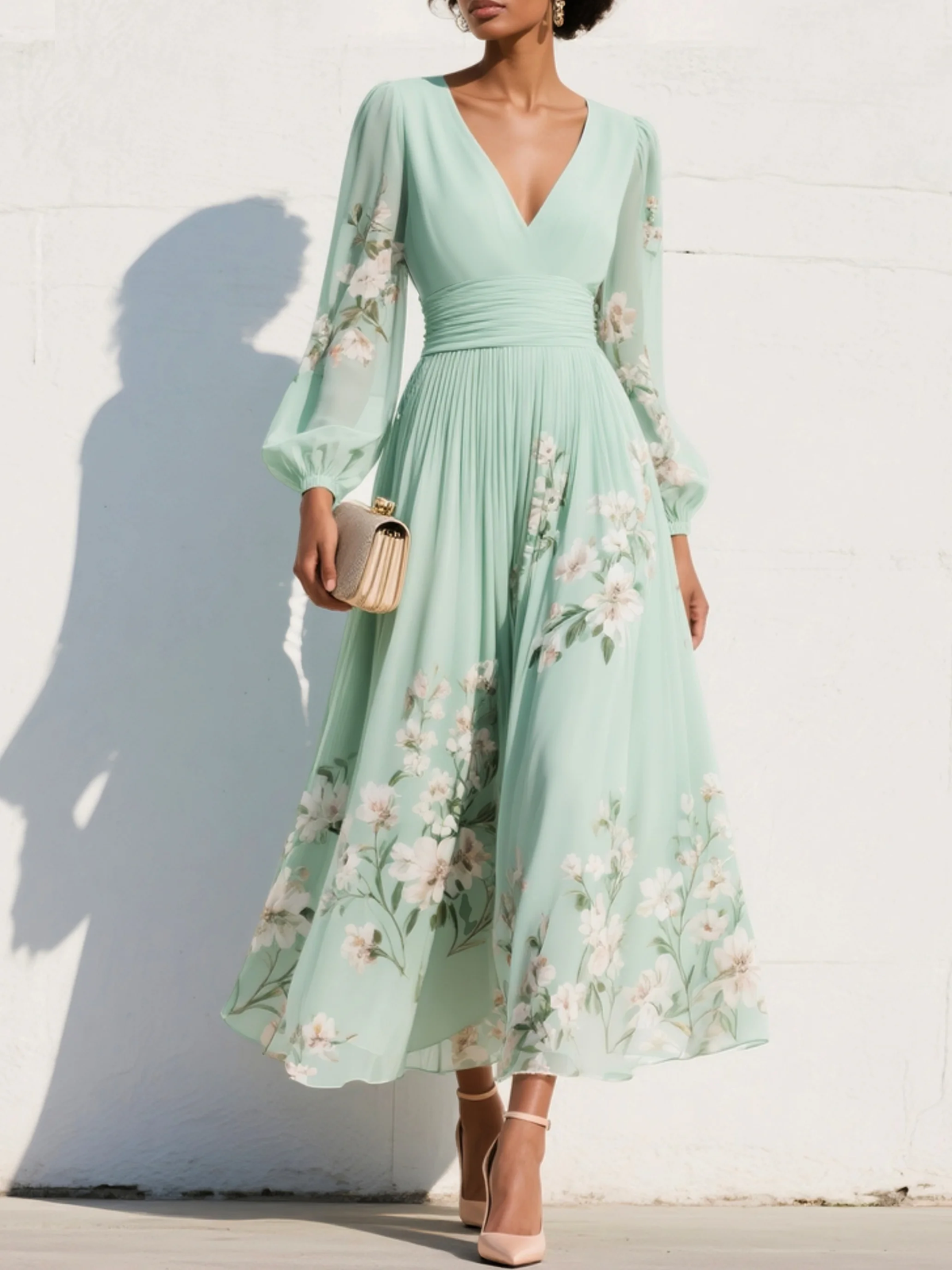 Abito maxi in chiffon floreale plissé
