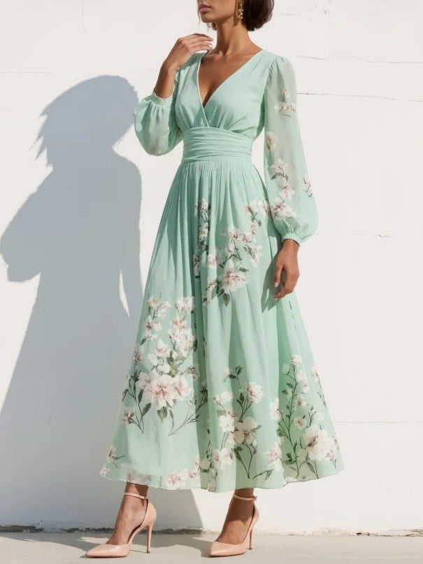 Abito maxi in chiffon floreale plissé