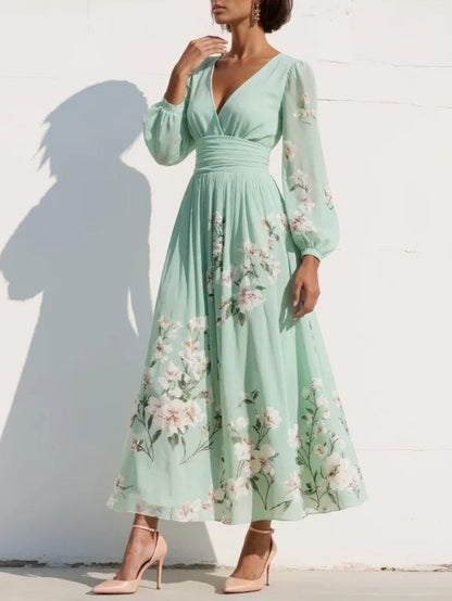 Abito maxi in chiffon floreale plissé