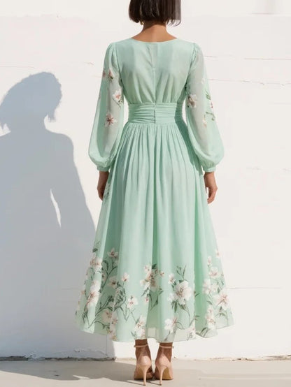 Abito maxi in chiffon floreale plissé