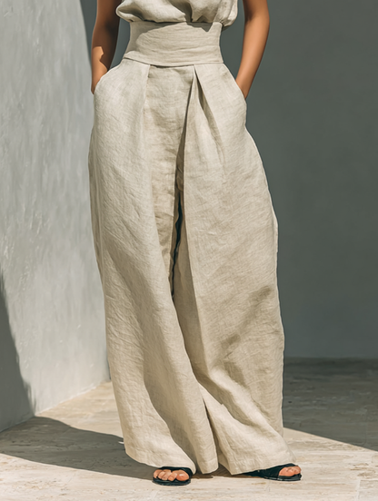 Completo Senza Maniche e Pantaloni Ampi in Miscela di Cotone-Lino Beige