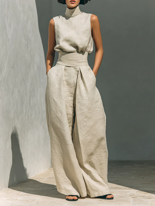 Completo Senza Maniche e Pantaloni Ampi in Miscela di Cotone-Lino Beige