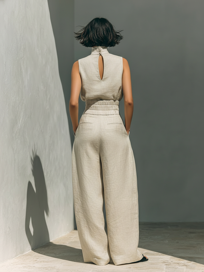 Completo Senza Maniche e Pantaloni Ampi in Miscela di Cotone-Lino Beige