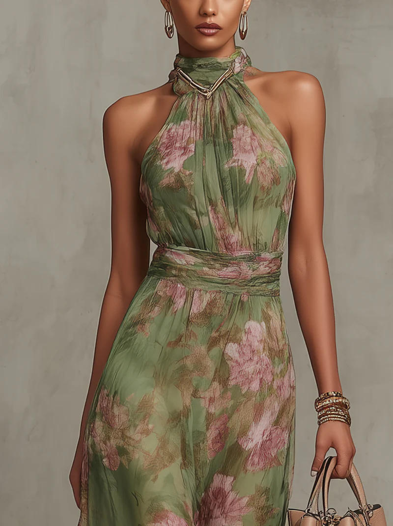 Serena ∙ Abito lungo verde a fiori in chiffon con scollatura all'americana