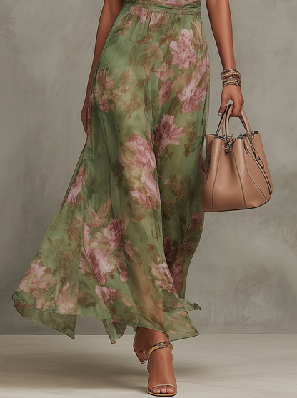Serena ∙ Abito lungo verde a fiori in chiffon con scollatura all'americana