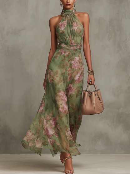 Serena ∙ Abito lungo verde a fiori in chiffon con scollatura all'americana