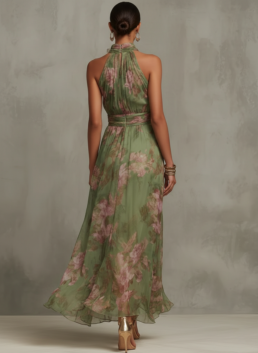 Serena ∙ Abito lungo verde a fiori in chiffon con scollatura all'americana