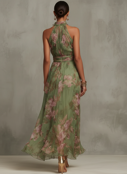 Serena ∙ Abito lungo verde a fiori in chiffon con scollatura all'americana