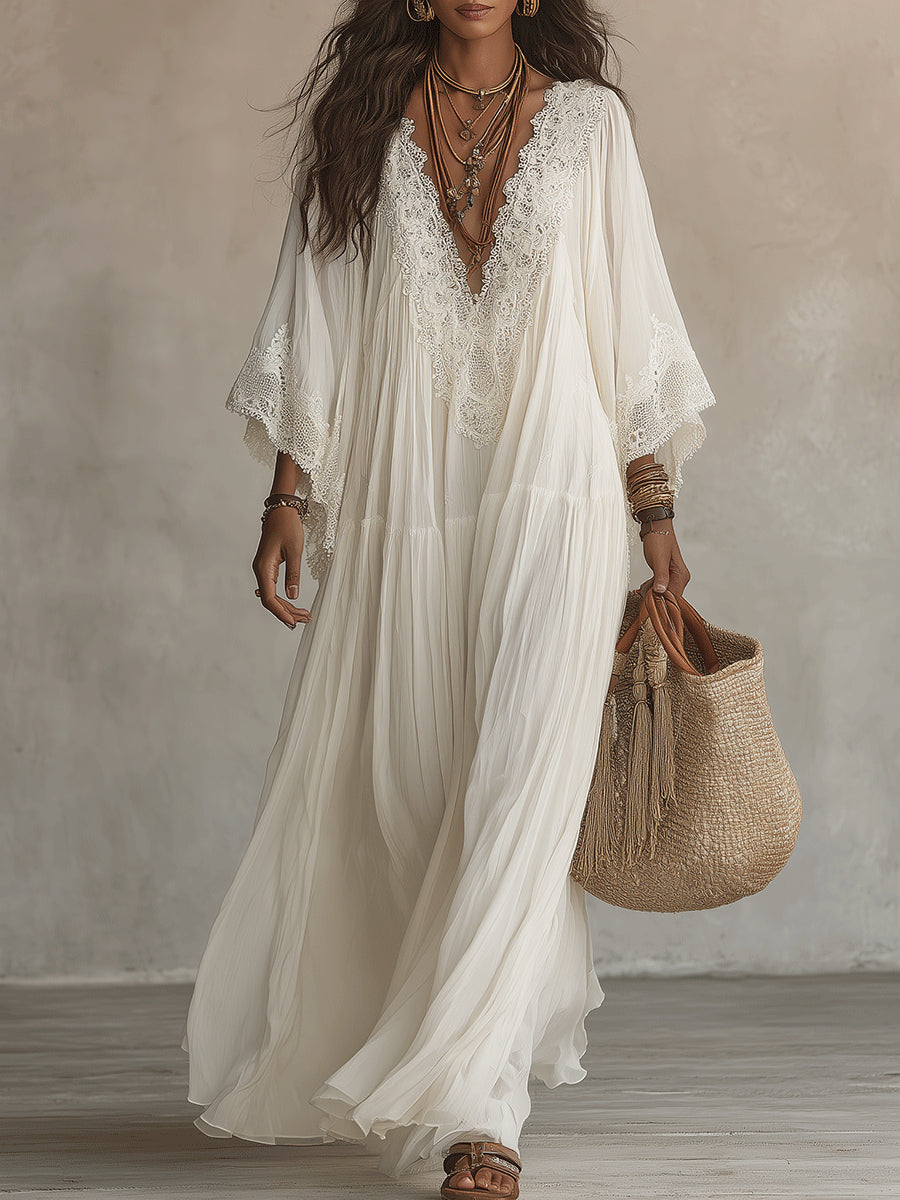 Adelaida | Abito lungo in chiffon color avorio con maniche a pipistrello e pizzo bianco