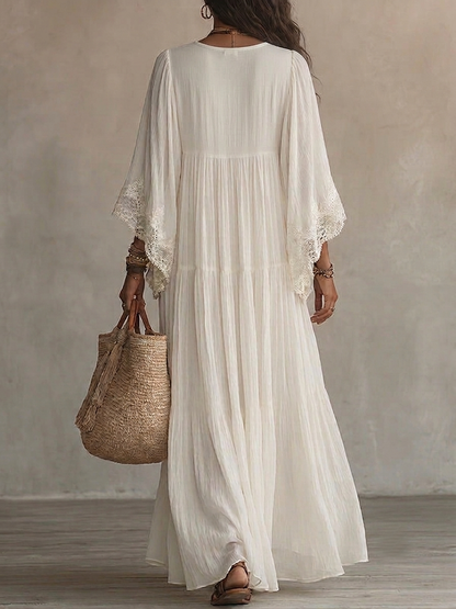Adelaida | Abito lungo in chiffon color avorio con maniche a pipistrello e pizzo bianco