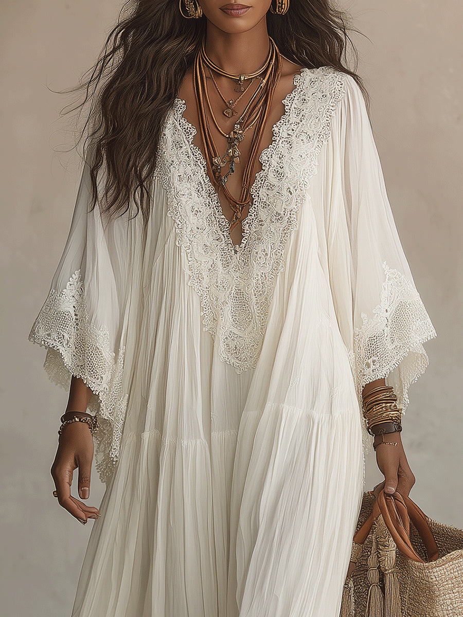 Adelaida | Abito lungo in chiffon color avorio con maniche a pipistrello e pizzo bianco