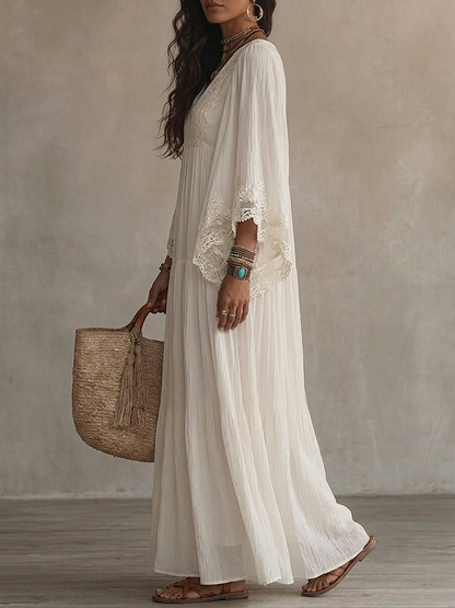 Adelaida | Abito lungo in chiffon color avorio con maniche a pipistrello e pizzo bianco