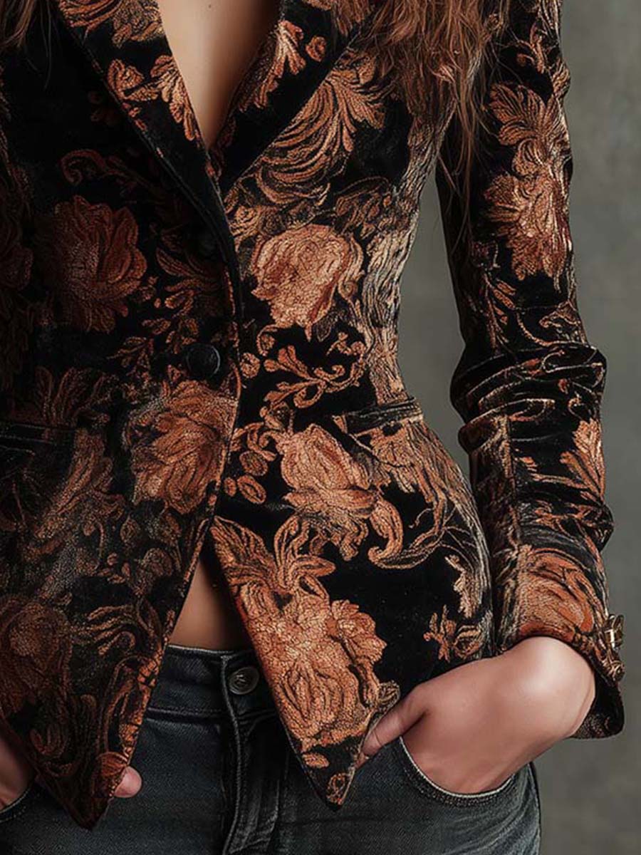 Bertille | Elegante blazer da tailleur floreale nero e bronzo