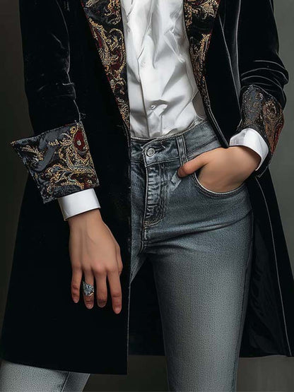 Léontine | Blazer nero aderente con elegante stampa barocca
