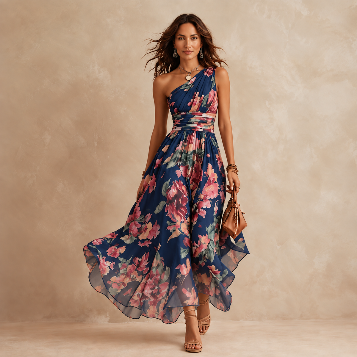 Celeste | Maxi abito floreale monospalla