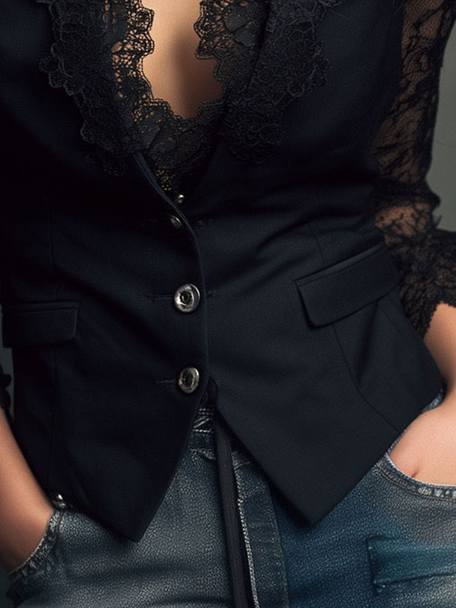 Noémie | Elegante blazer nero con maniche semitrasparenti