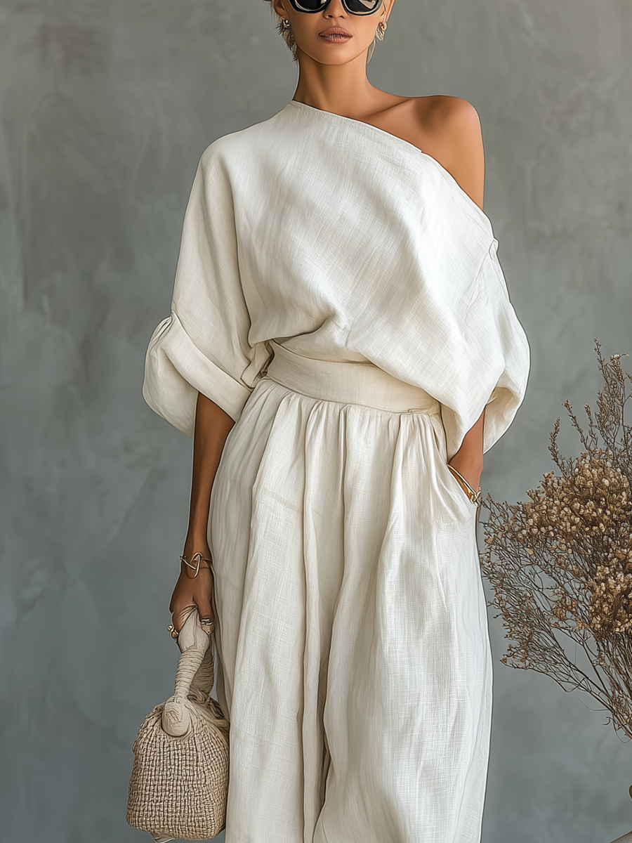 Set Donna in Lino Off-White con Top Off-Shoulder e Pantaloni Tapered