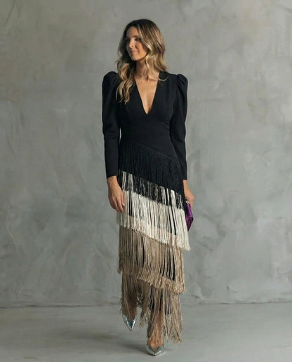 CAMILLA | ABITO MIDI ELEGANTE CON MANICHE A FRANGE