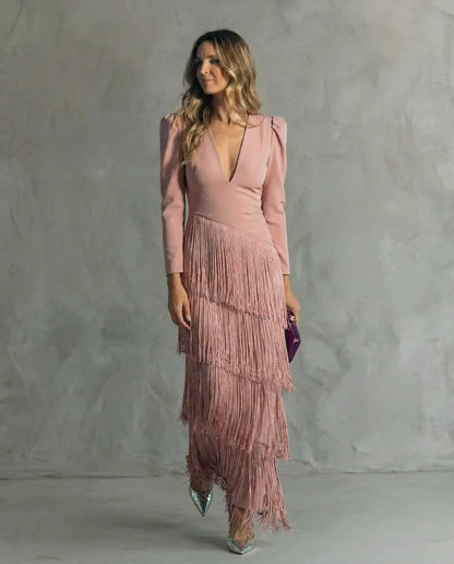 CAMILLA | ABITO MIDI ELEGANTE CON MANICHE A FRANGE