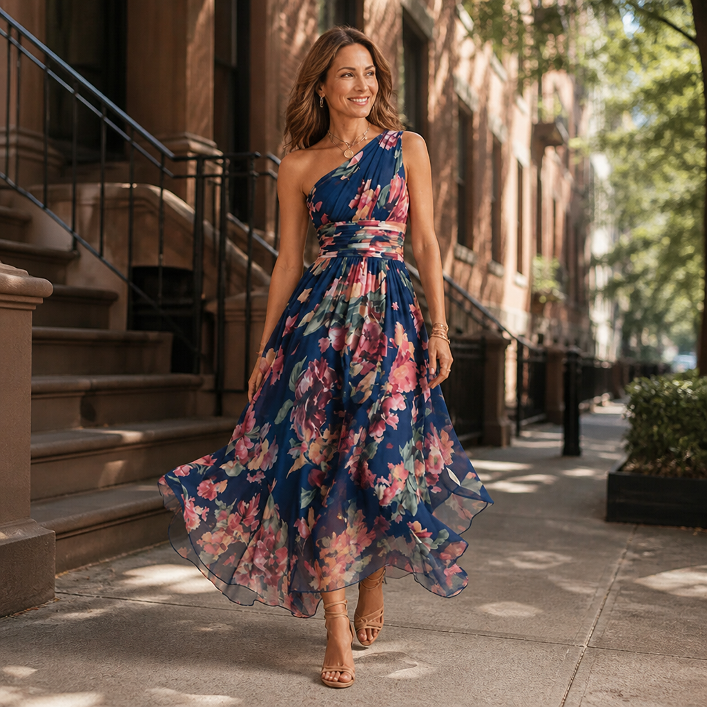 Celeste | Maxi abito floreale monospalla