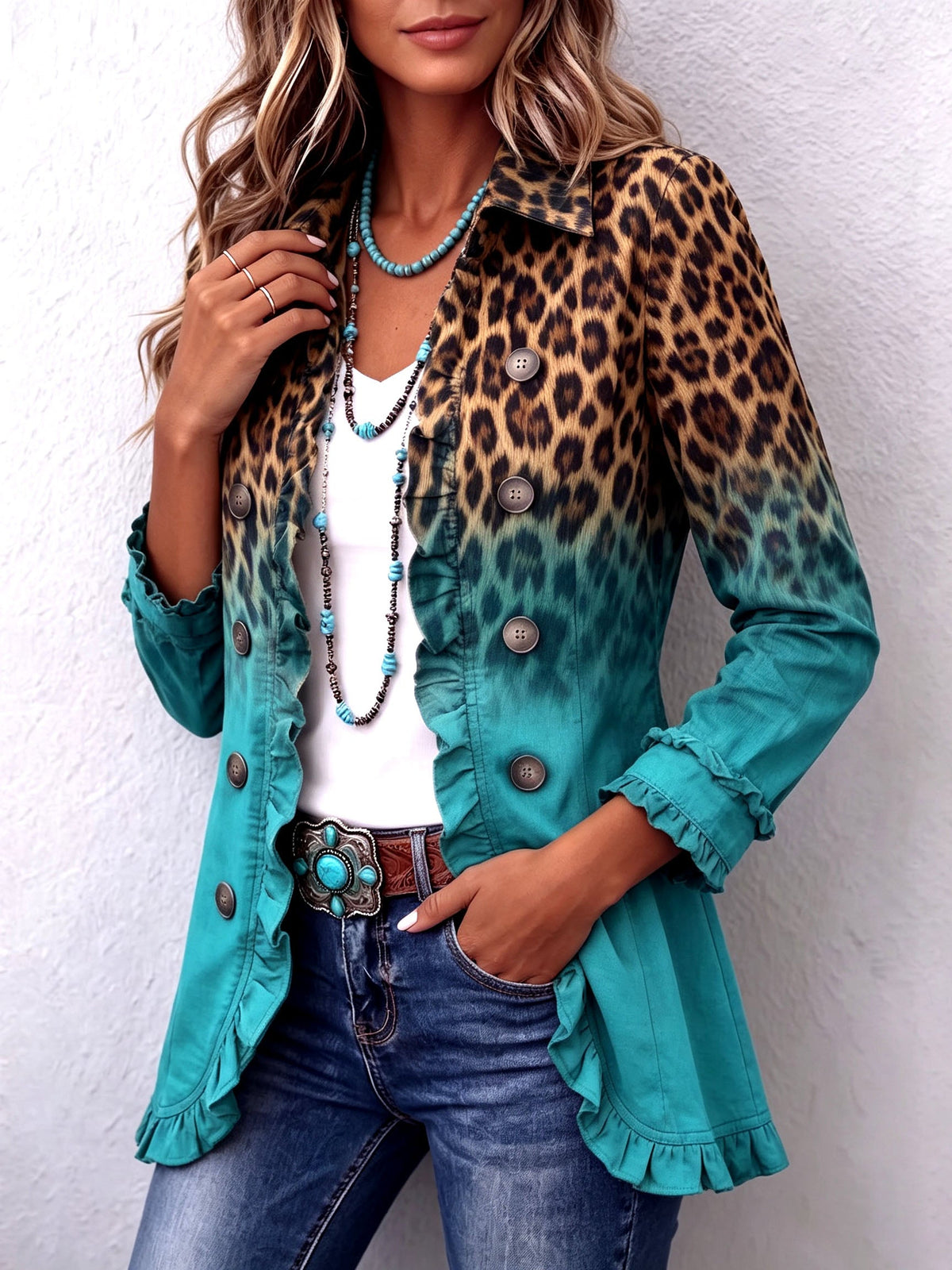 Cassandre | Elegante blazer leopardato sfumato con volant